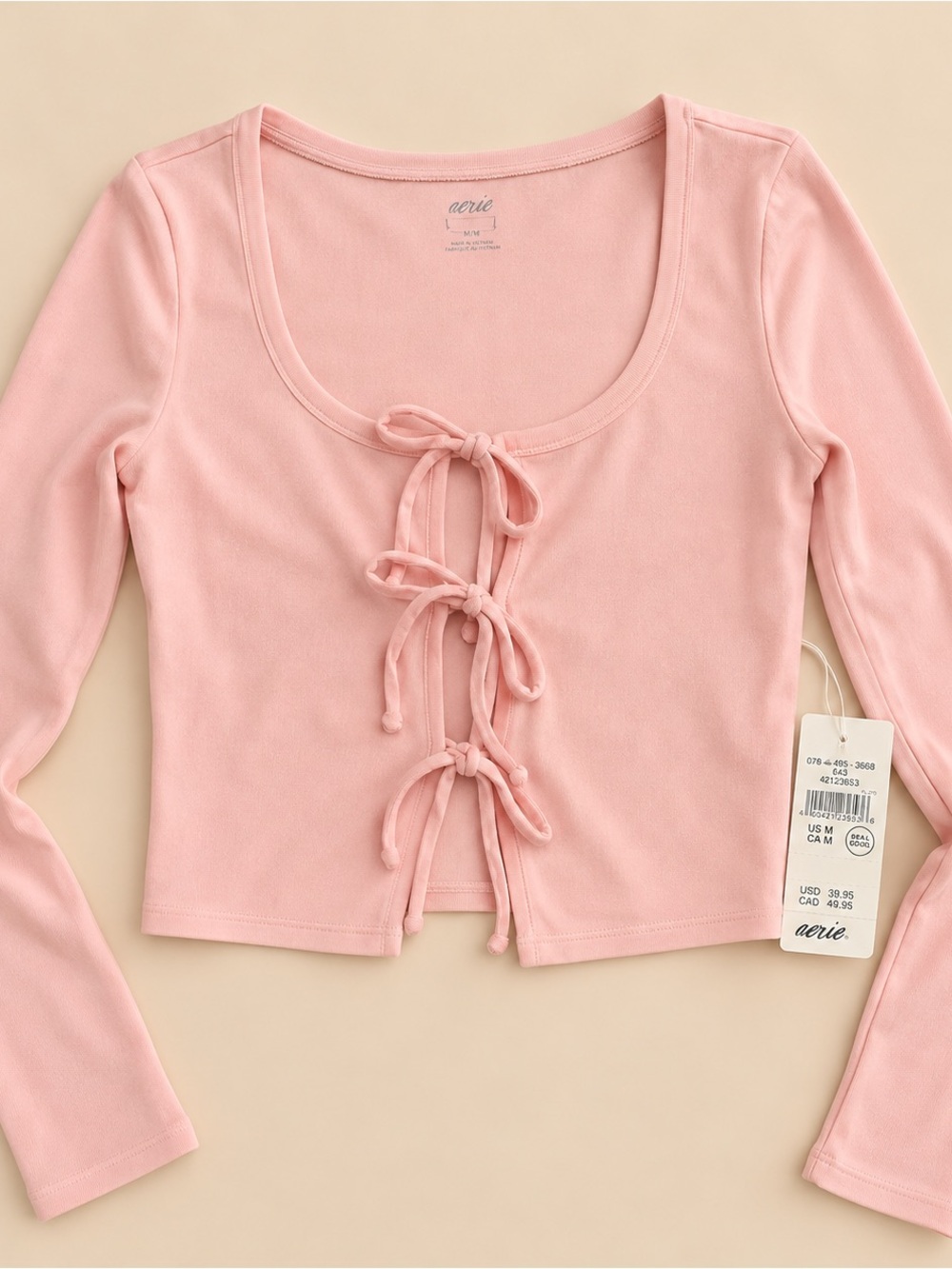 aerie Soft Pink Tie-Front Long Sleeve Crop Top